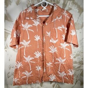Barefoot in Paradise Hawaiian Shirt L Coral Salmon Palm Tree Aloha Island